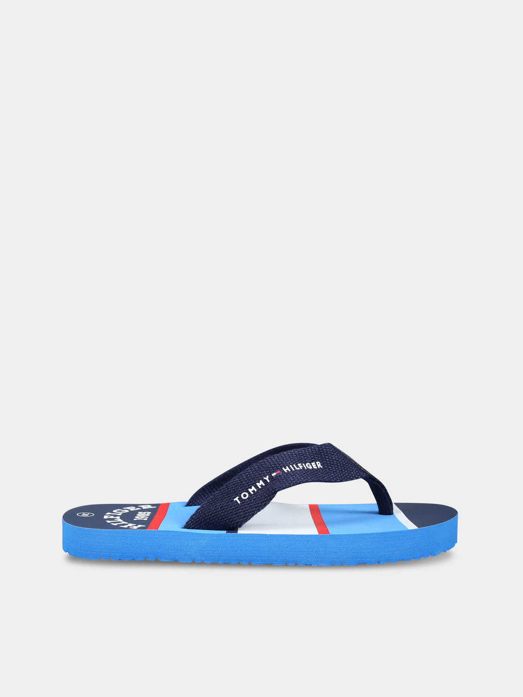 Blue flip flops for girl with logo and flag